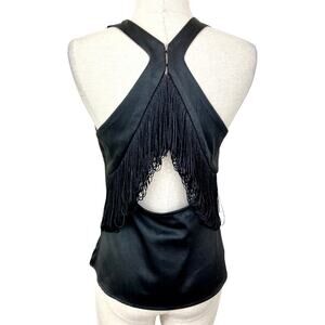 Hyfve fringed racerback tank top, dressy black matte satin women's size small